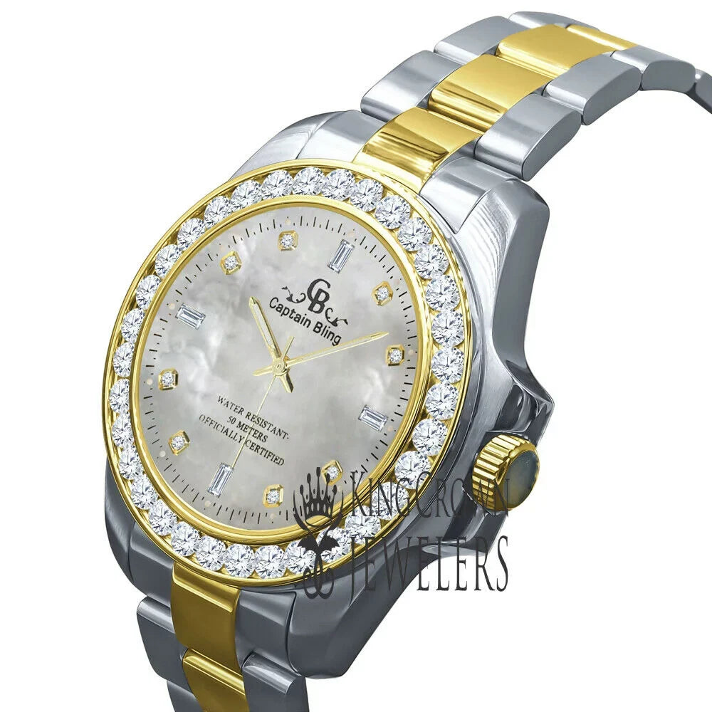 2 Steel Solid Mother Mens Simulated Dial Tone Diamonds Of Watch Finish Gold 18K Stainless Pearl