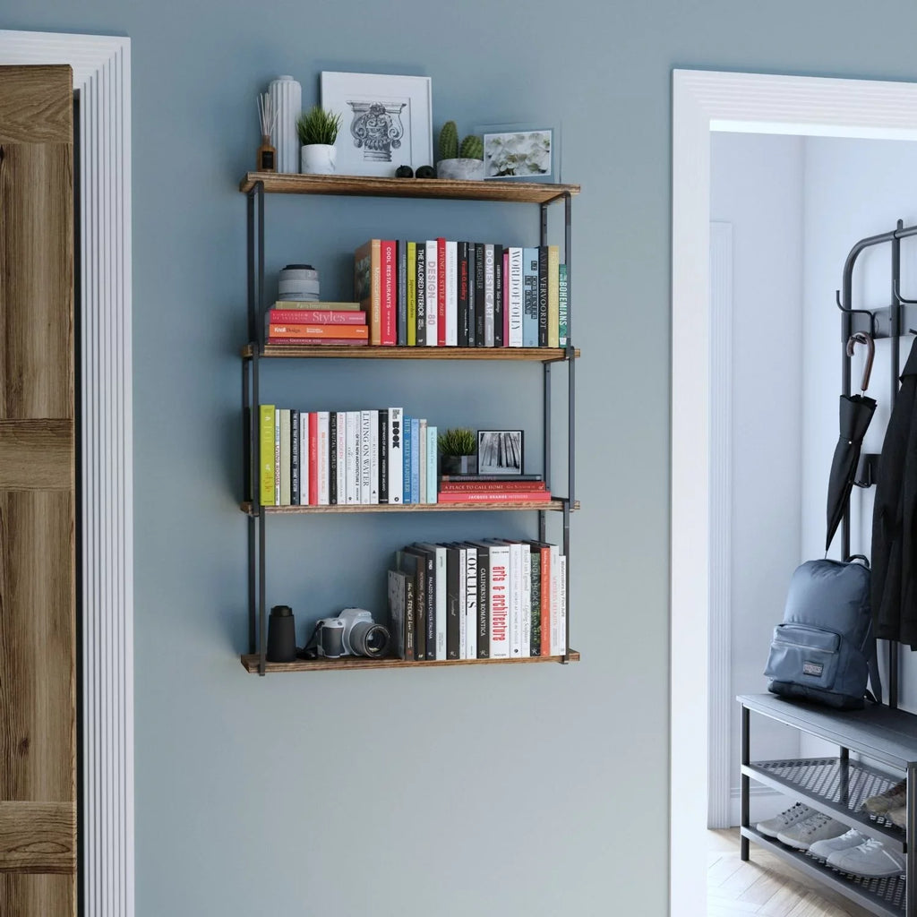 Wall Farmhouse 4-Tier Porto Organizer, Wallniture Wood for Bookcases Natural Rustic Burned Storage Shelves Laundry Kitchen Floating
