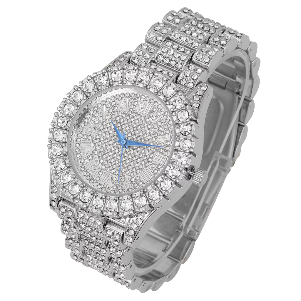 Chain w/Cuban Mens Bezel Ring with Iced Rocks Charles Raymond - Bracelet Roman Out Big Dial ST10327SET3PC - Watch Numerals Fully & (10,Silver)