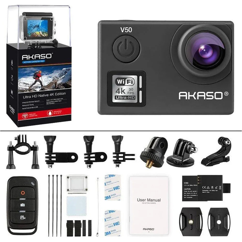 '- Akaso with V50 4K/30fps Wi-Fi Action 20 Box) MP Camera-Native (Open