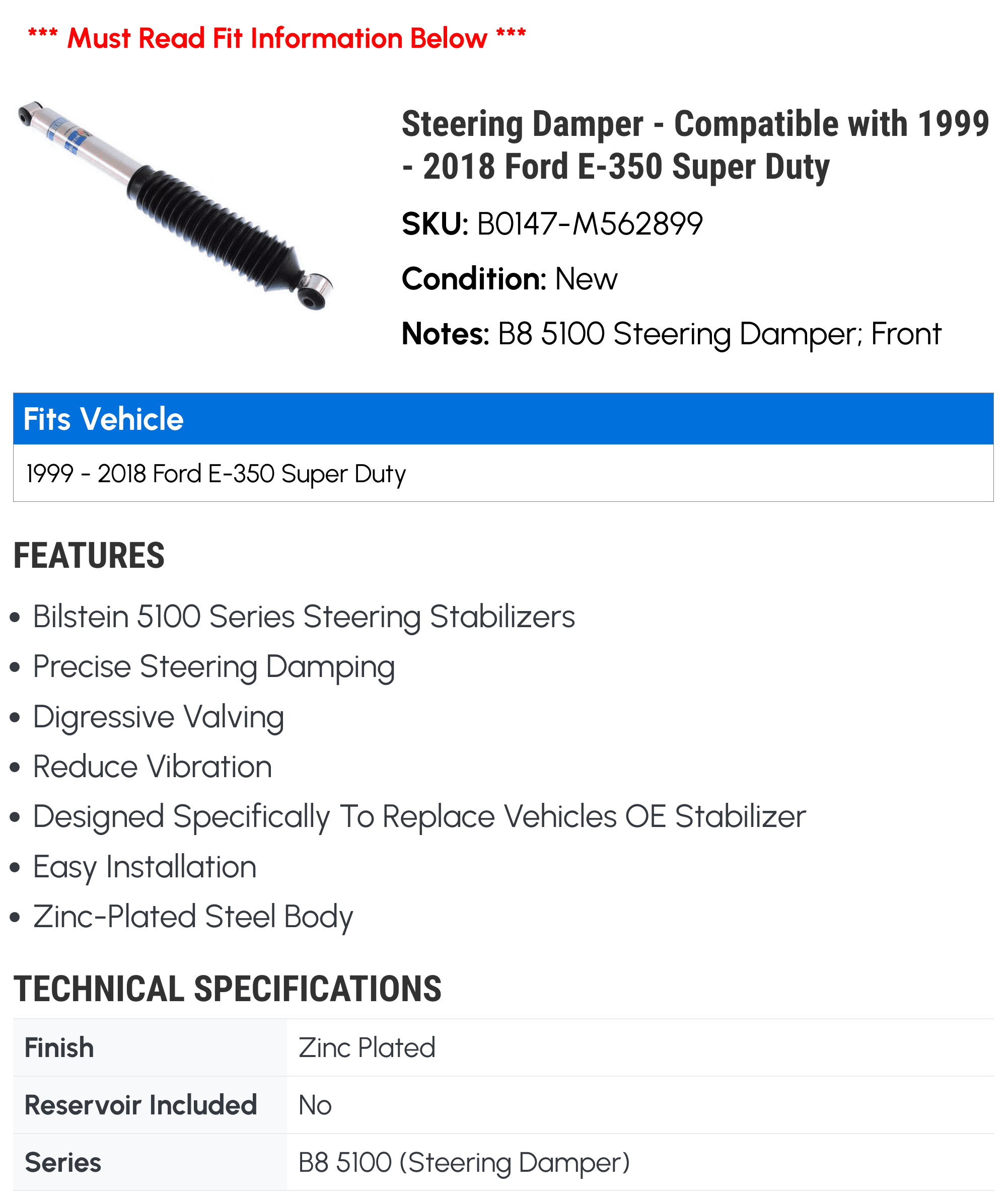 2001 2012 2005 Damper - Duty 2008 2018 2013 2000 - 2007 2014 2009 2003 with 2010 2015 2016 2002 2006 Compatible 1999 2004 E-350 2011 Super 2017 Steering