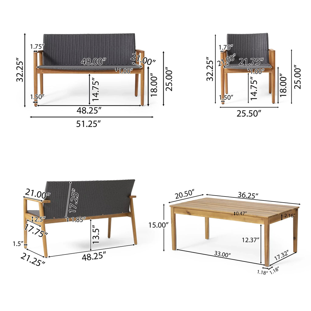 Gray Wicker exterior Acacia Teak and and 4 Wood , Chat Remuda Seater