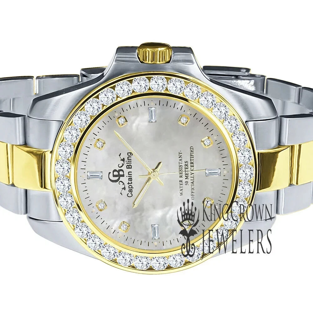 2 Steel Solid Mother Mens Simulated Dial Tone Diamonds Of Watch Finish Gold 18K Stainless Pearl