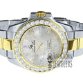 2 Steel Solid Mother Mens Simulated Dial Tone Diamonds Of Watch Finish Gold 18K Stainless Pearl