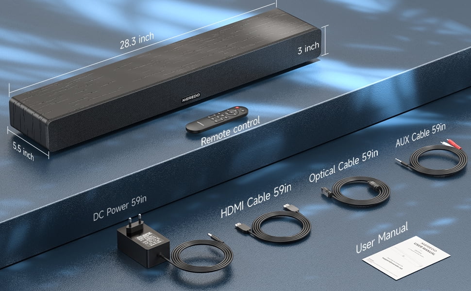 Bar Bar 150W Meredo Bass/Treble HDMI 5 Includes for Sound Built-in Cable Adjustable Subwoofer EQ Sound TV HDMI Modes 28Inch Arc/Optical/Aux/Bluetooth/USB Wooden