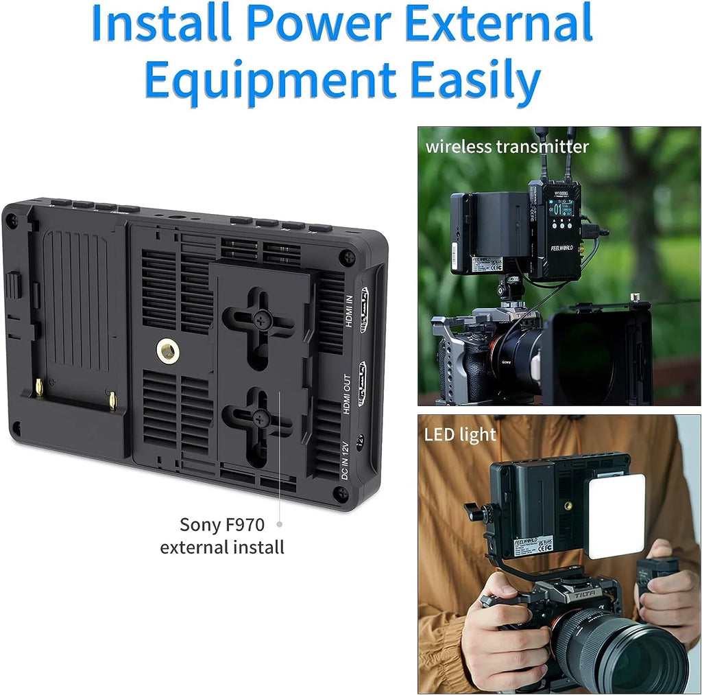 1920x1080 5.5 Inch FHD 4K 3D DSLR with External Camera +Carry Wireless Pro Power Case for F970 Field Monitor F6 LUT Touchscreen HDMI Install Kit 1600nits Transmission +Battery FEELWORLD