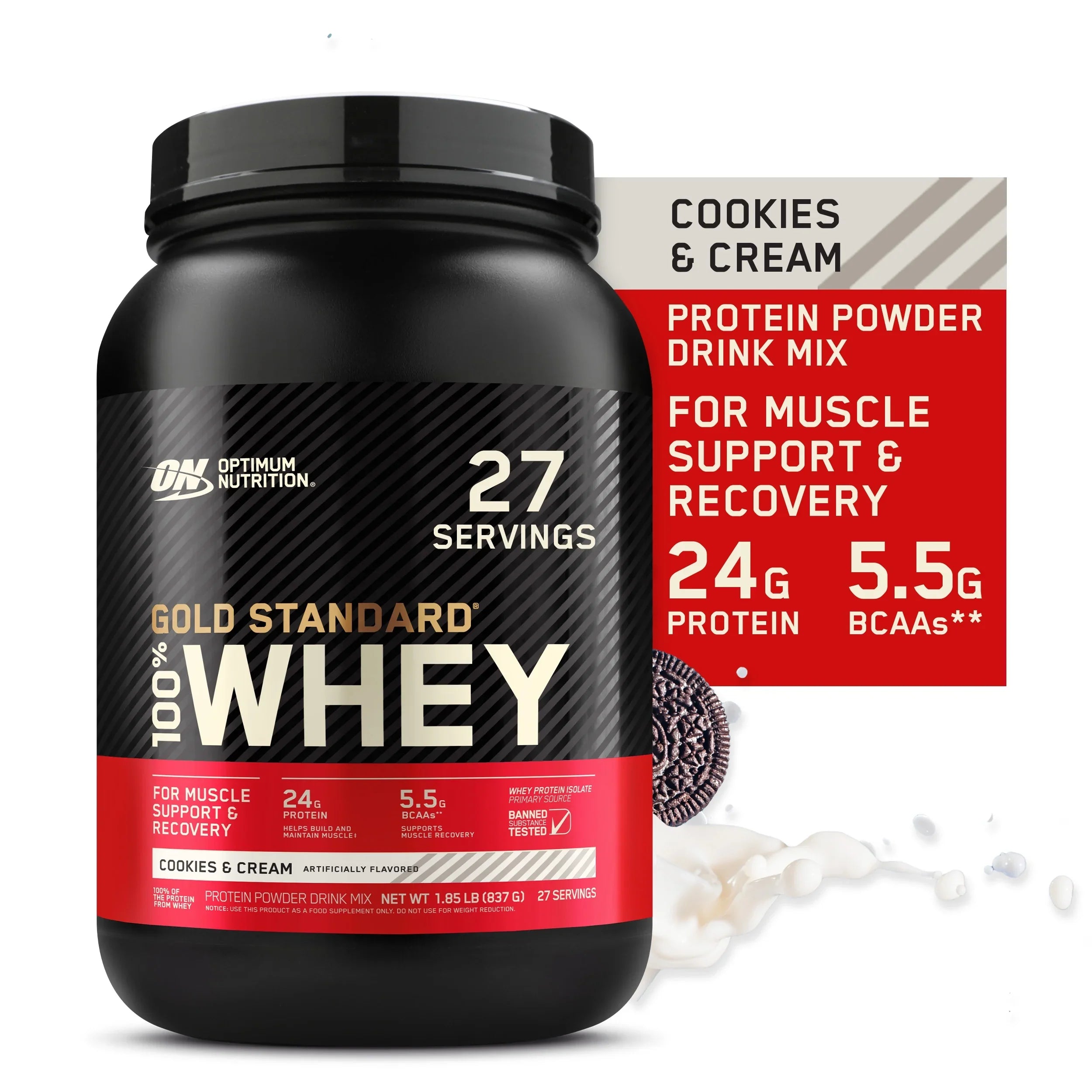 Protein & Cookies g Cream, lb, Protein, 100% 24 Nutrition, Standard Optimum 1.85 Whey Gold Powder, 27 Servings