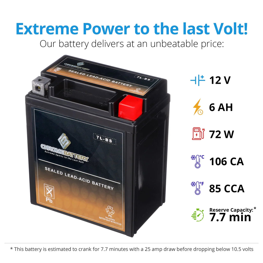 Battery Ah, for Battery Volts,6 Cca) Ytx7l-bs 250cc Motorcycle Kawasaki 12 75 Chrome (7l-bs Super 2000 Kl250 Sherpa