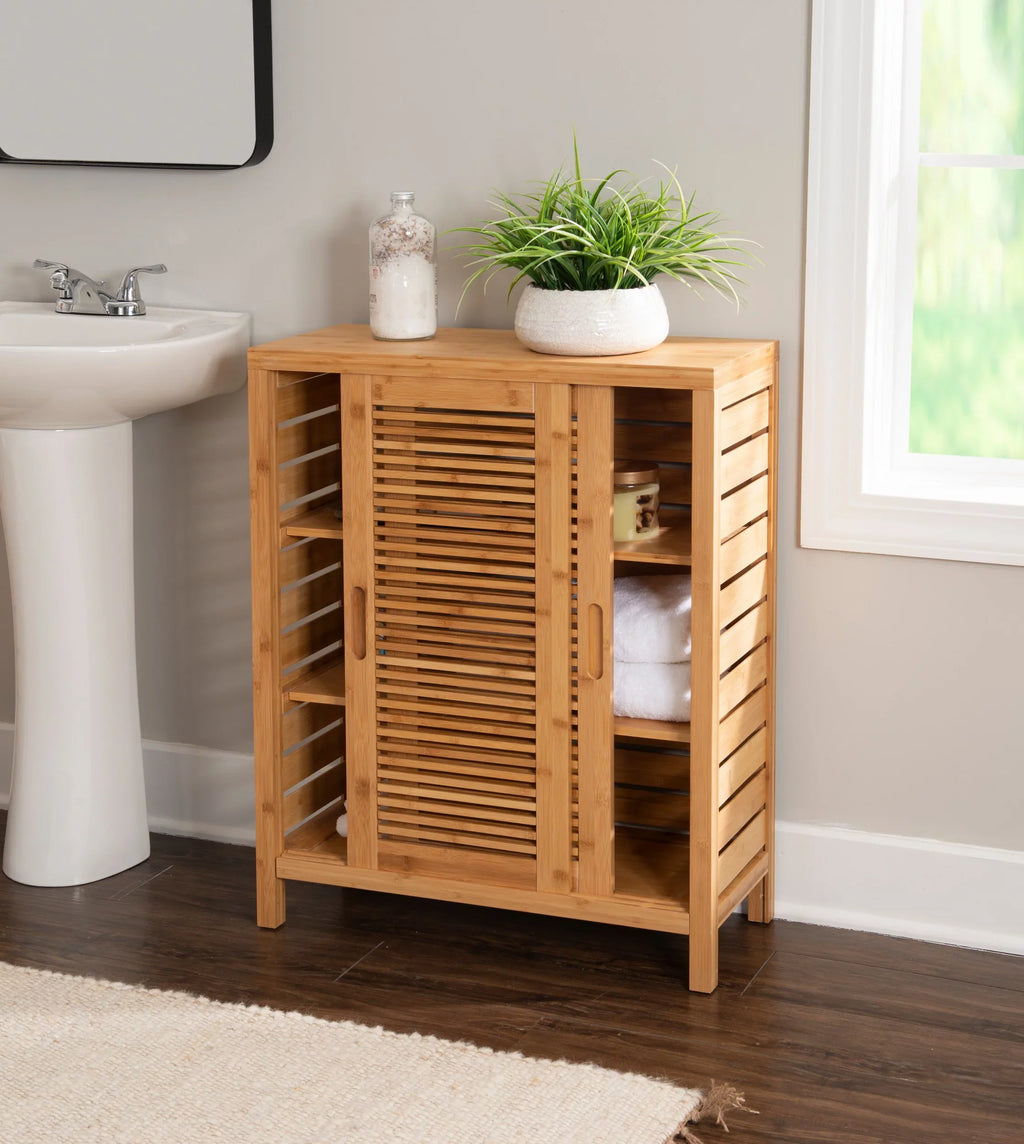 Storage Floor Bracken 3 Door Shelf Bathroom Cabinet, Bamboo Linon 2