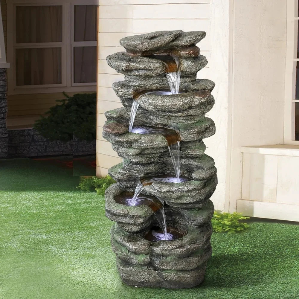 40''H Polyresin Meedzom Garden Fountain Lighted exterior Decor Floor Natural LED for Fountain Patio liquid