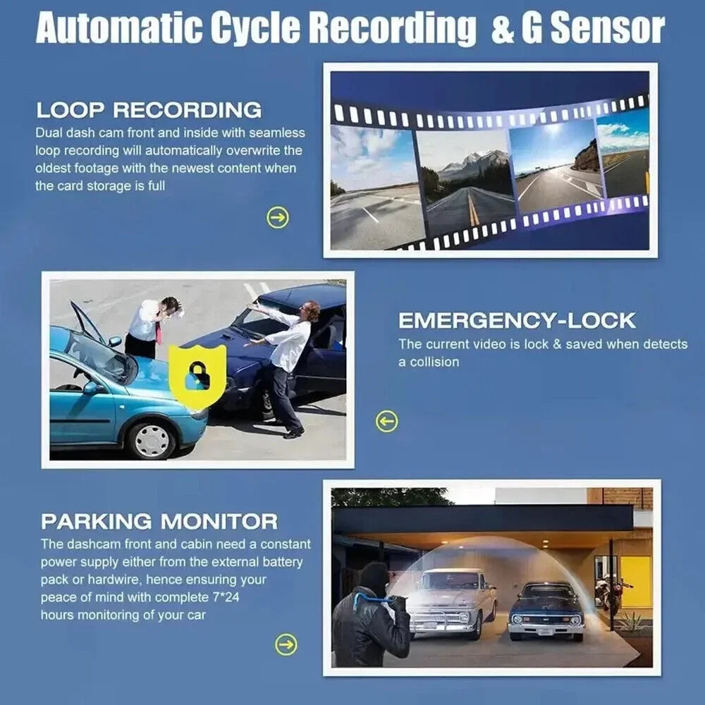 Video Front/Rear/Inside Dash Camera Car Cam Lens HD G·PEH 1080P G-sensor Dual Recorder