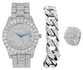 Chain w/Cuban Mens Bezel Ring with Iced Rocks Charles Raymond - Bracelet Roman Out Big Dial ST10327SET3PC - Watch Numerals Fully & (10,Silver)