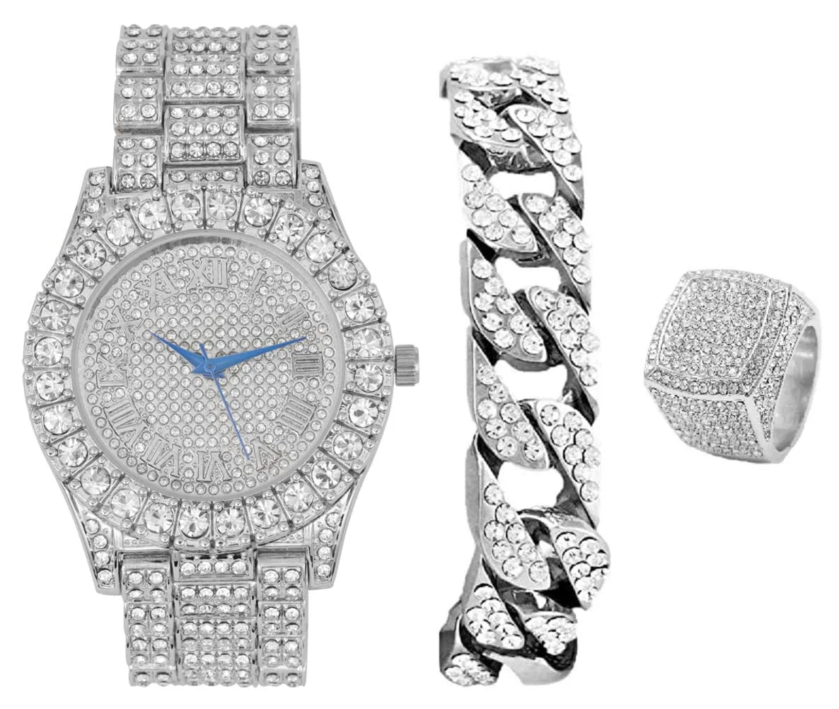 Chain w/Cuban Mens Bezel Ring with Iced Rocks Charles Raymond - Bracelet Roman Out Big Dial ST10327SET3PC - Watch Numerals Fully & (10,Silver)