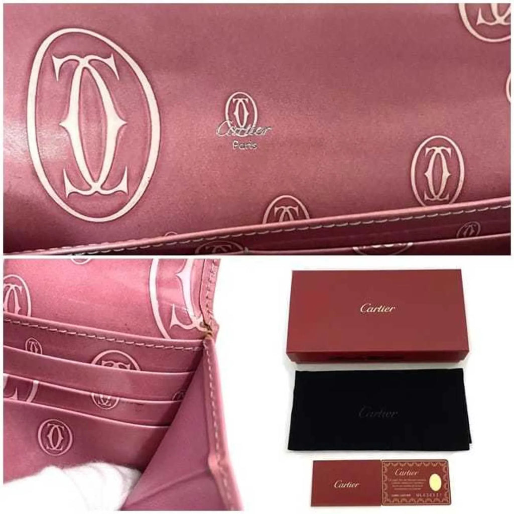 Long Ladies Leather Cartier Pink Bifold Wallet Pre-Owned L3000951 (Fair) 2C Happy Birthday Motif