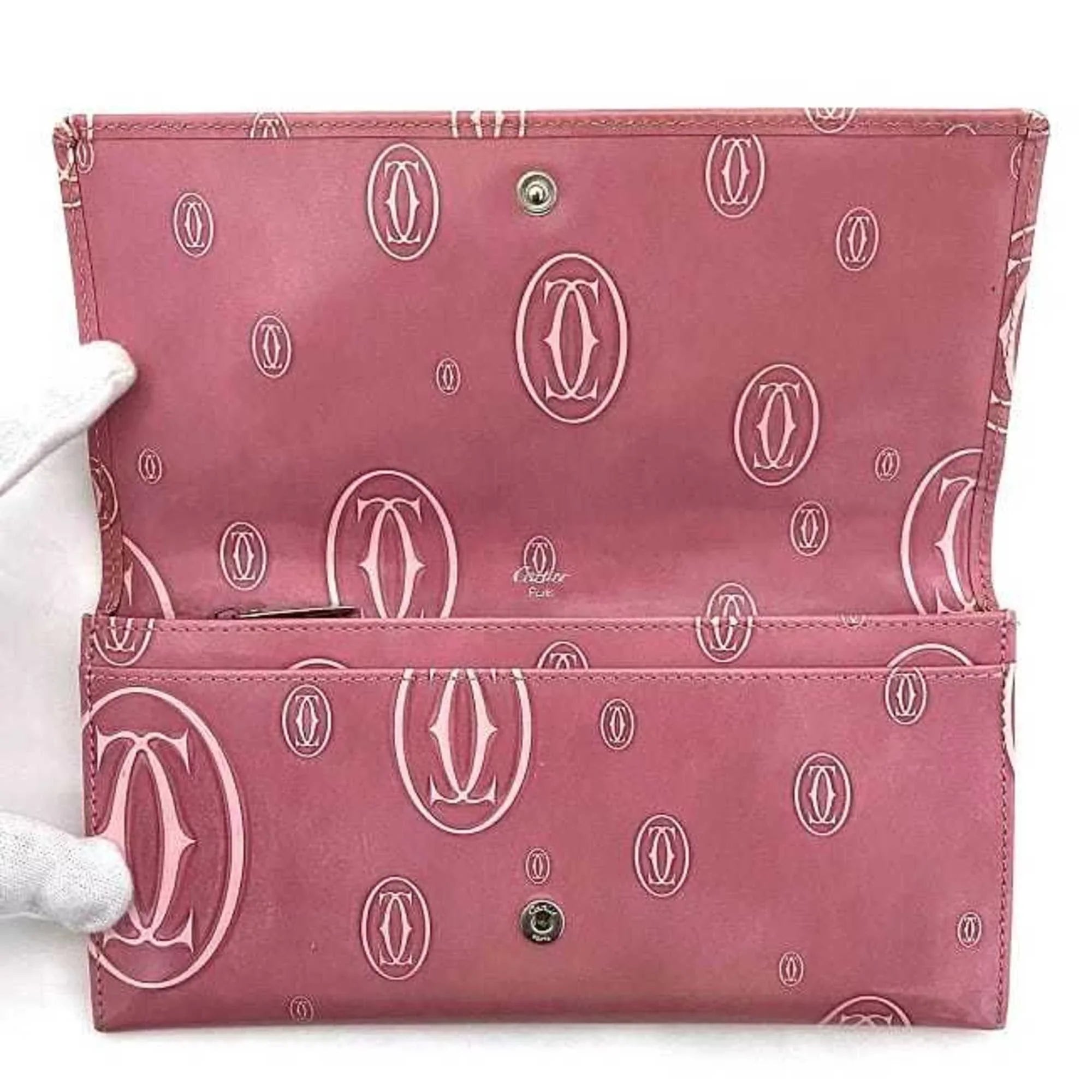 Long Ladies Leather Cartier Pink Bifold Wallet Pre-Owned L3000951 (Fair) 2C Happy Birthday Motif