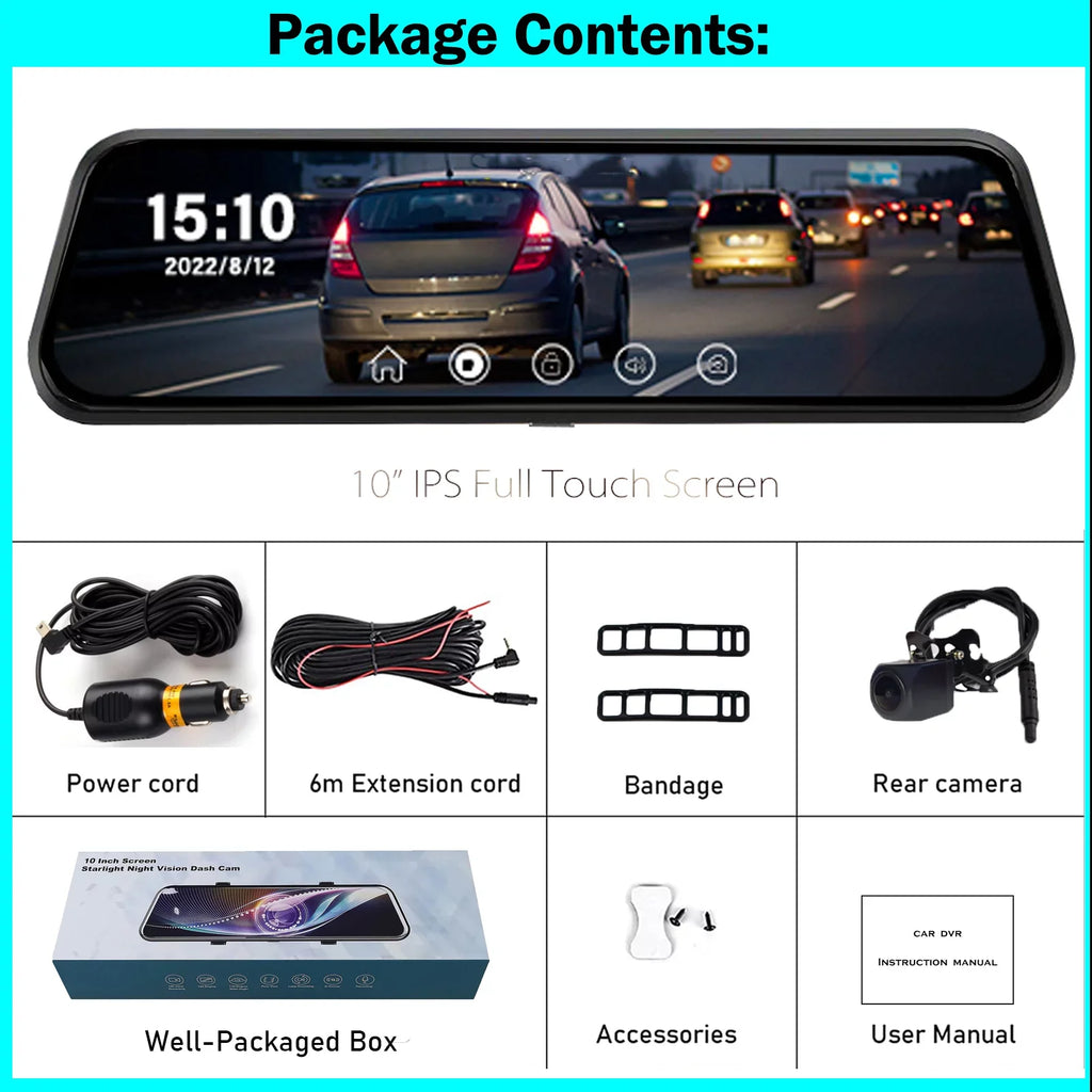 G-Sensor, cam WDR Mirror Night for and mirror view Screen, Full Car Backup 1080P Camera, View Rear Front Touch Camera Parking Erago FHD with 10" Kit:Rear Waterproof Moniter Vision, dash Rear