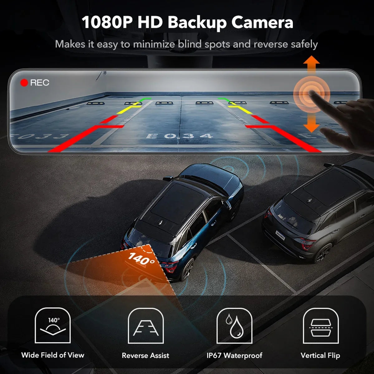with Motion Triple with Channel, Detection, Monitor,Vehicle Camera GPS&64GB Night 2K 3 Recording, Camera Card, Cam Loop Backup Dash WOLFBOX Mirror Screen Touch Vision, Parking Car Car