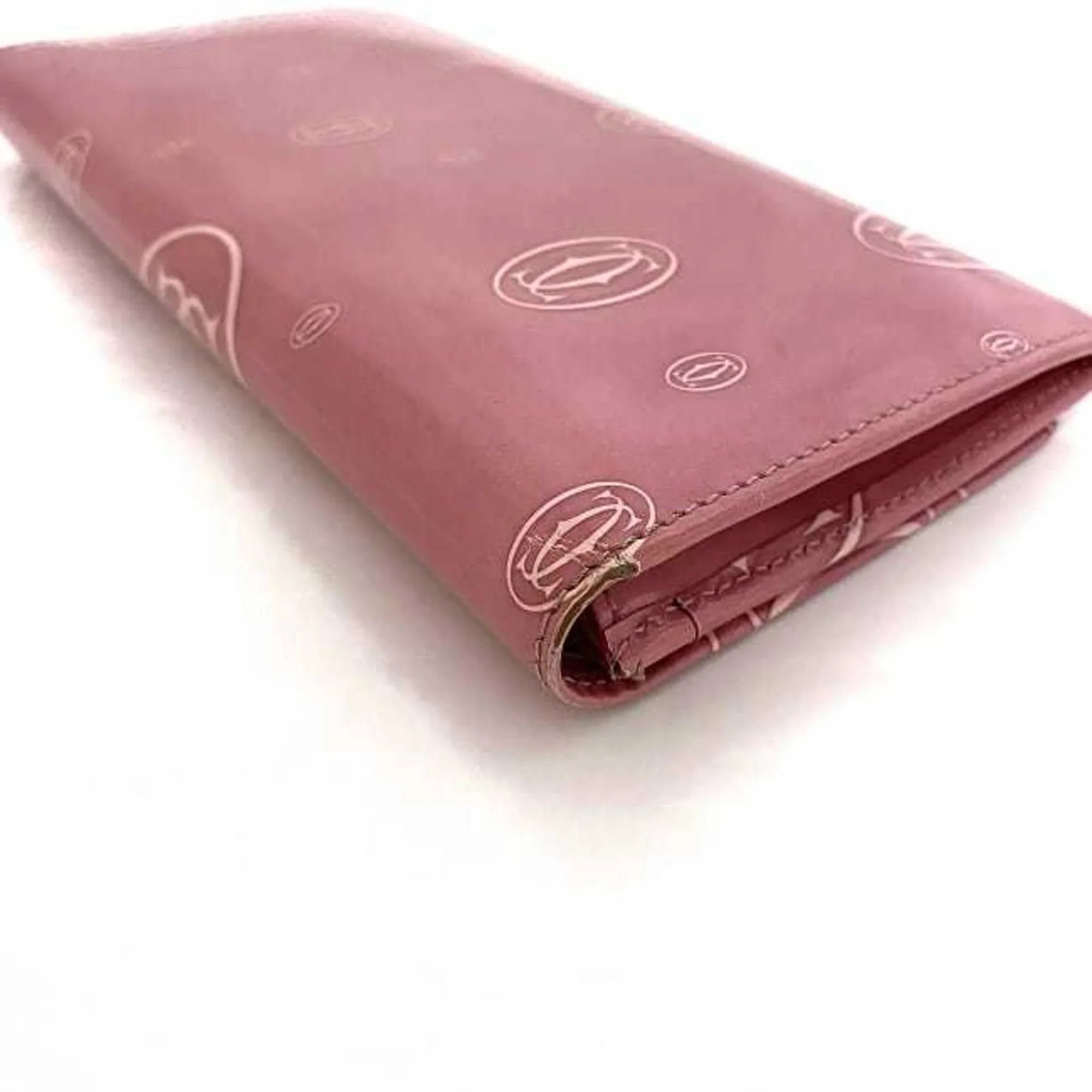 Long Ladies Leather Cartier Pink Bifold Wallet Pre-Owned L3000951 (Fair) 2C Happy Birthday Motif