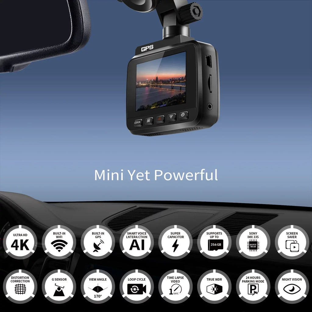 4K Parking Wide and Night Recording, Built-in for Dash & Driving Recorder Cam with Vision, 170° Monitor, Front 2160P Cars, Rear Dash G-Sensor, Camera, WDR, GPS Car WiFi Angle Cam FHD Loop with