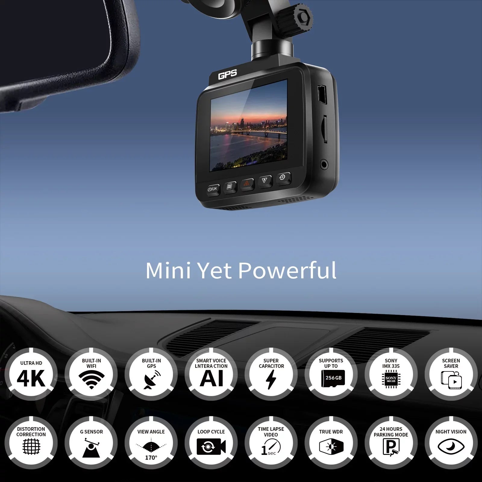 4K Parking Wide and Night Recording, Built-in for Dash & Driving Recorder Cam with Vision, 170° Monitor, Front 2160P Cars, Rear Dash G-Sensor, Camera, WDR, GPS Car WiFi Angle Cam FHD Loop with