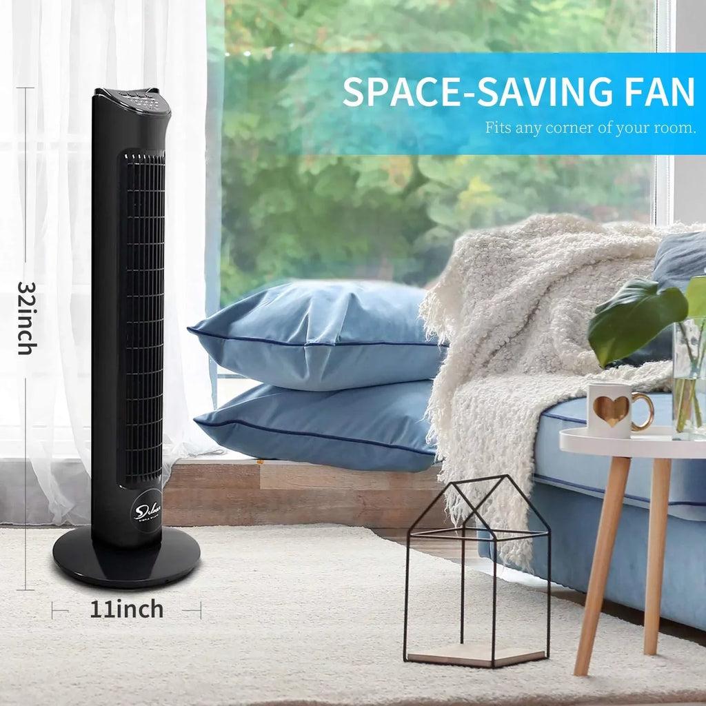 Remote, Fan Deluxe with Fan, Floor Standing 90° Fan 4 Simple Oscillating 32"Tower Fans, Speeds, Bladeless with Black