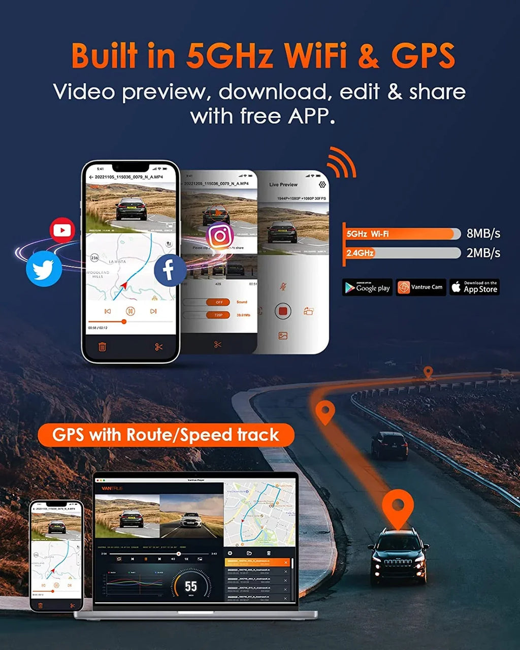 Dash Parking IR Cam 512GB Control, Night Max 24 Vantrue Camera Channel with WiFi Inside, Hours 2.5K Mode, Rear Front and STARVIS 1944P+1080P+1080P 3 GPS Triple 3 Dash Support Voice E3 Way Vision,