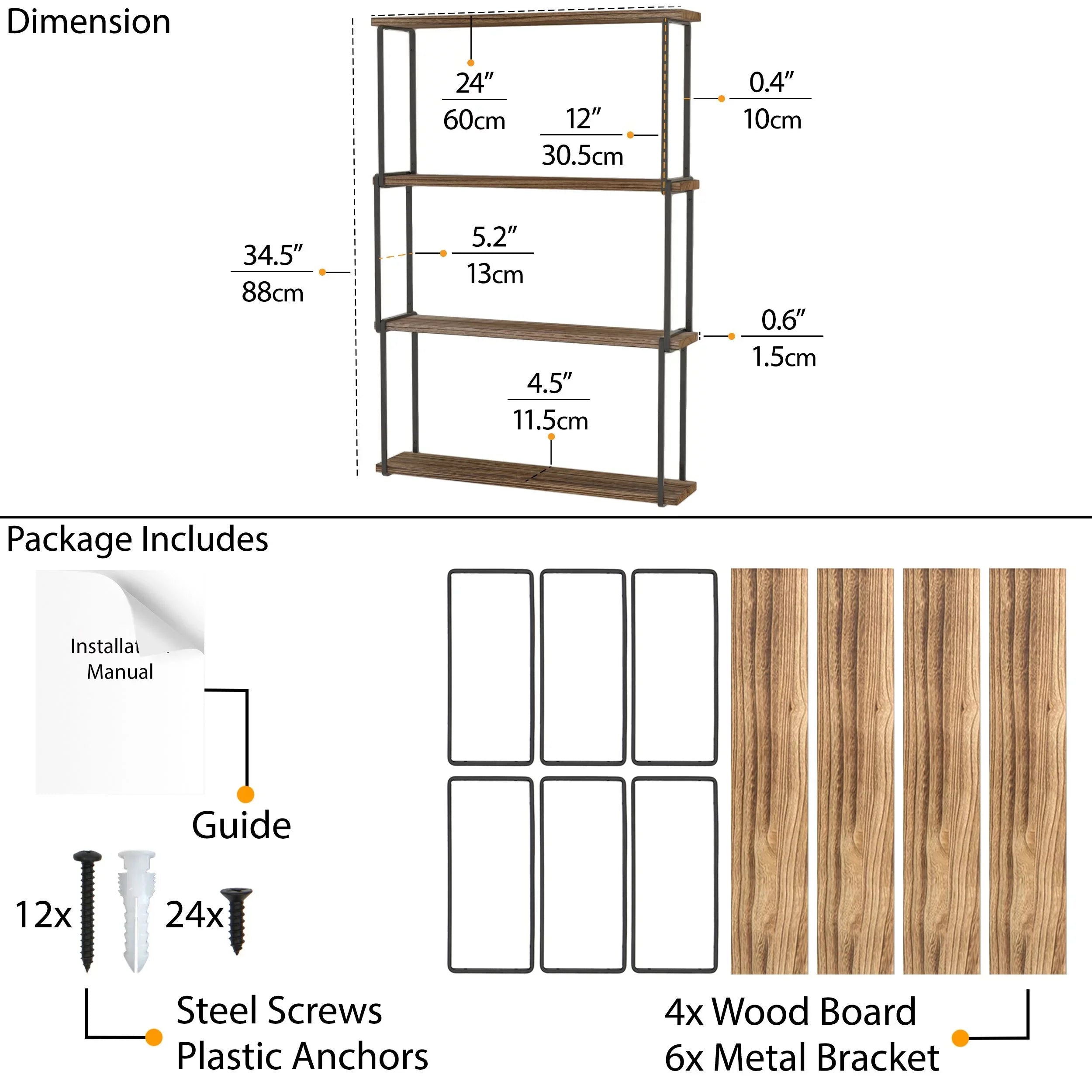 Wall Farmhouse 4-Tier Porto Organizer, Wallniture Wood for Bookcases Natural Rustic Burned Storage Shelves Laundry Kitchen Floating