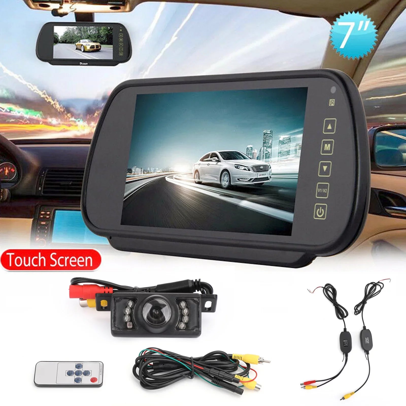 View 7" IR Wireless Rear Monitor View Mirror Camera Rear Night + Kit Car