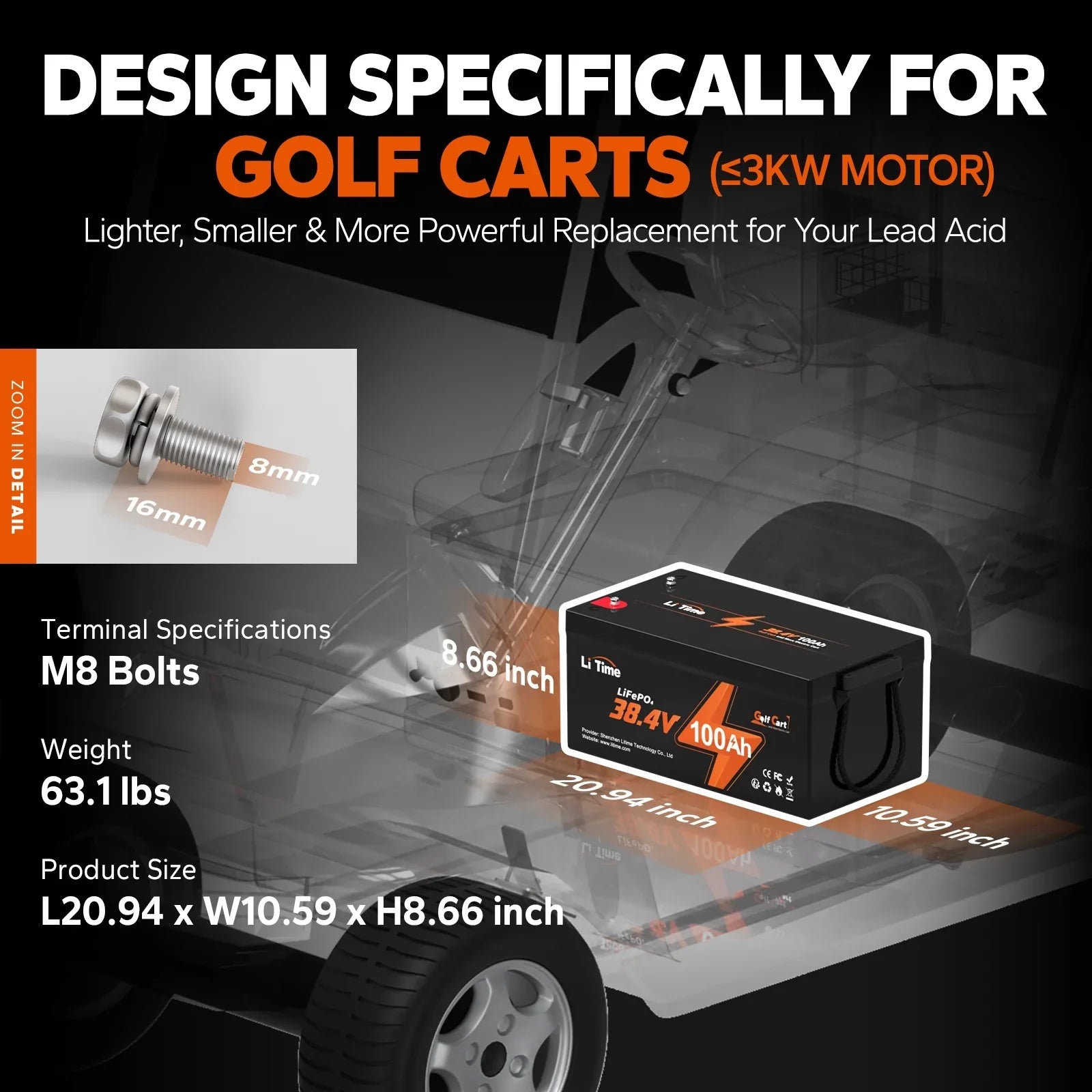 Deep Perfect 7.68kW BMS, Battery, LiFePO4 GC2 200A 100Ah 36V Lawn Trolling Mower Power Discharge, Cycle, Max. 2C 15000 for Lithium Cart, and Support LiTime Built-in Max. Golf Golf Motor, Cart RV,