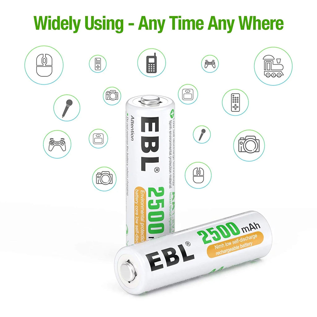EBL 1.2V Batteries AA AA 2500mAh 24 Pre-Charged Rechargeable High Performance - Pack Batteries