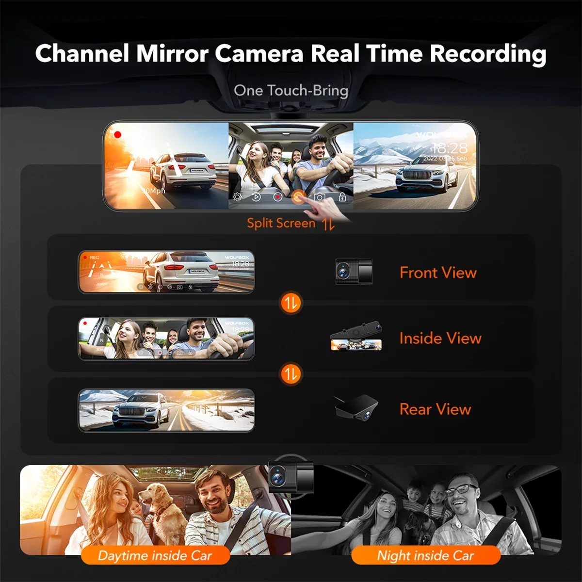 with Motion Triple with Channel, Detection, Monitor,Vehicle Camera GPS&64GB Night 2K 3 Recording, Camera Card, Cam Loop Backup Dash WOLFBOX Mirror Screen Touch Vision, Parking Car Car