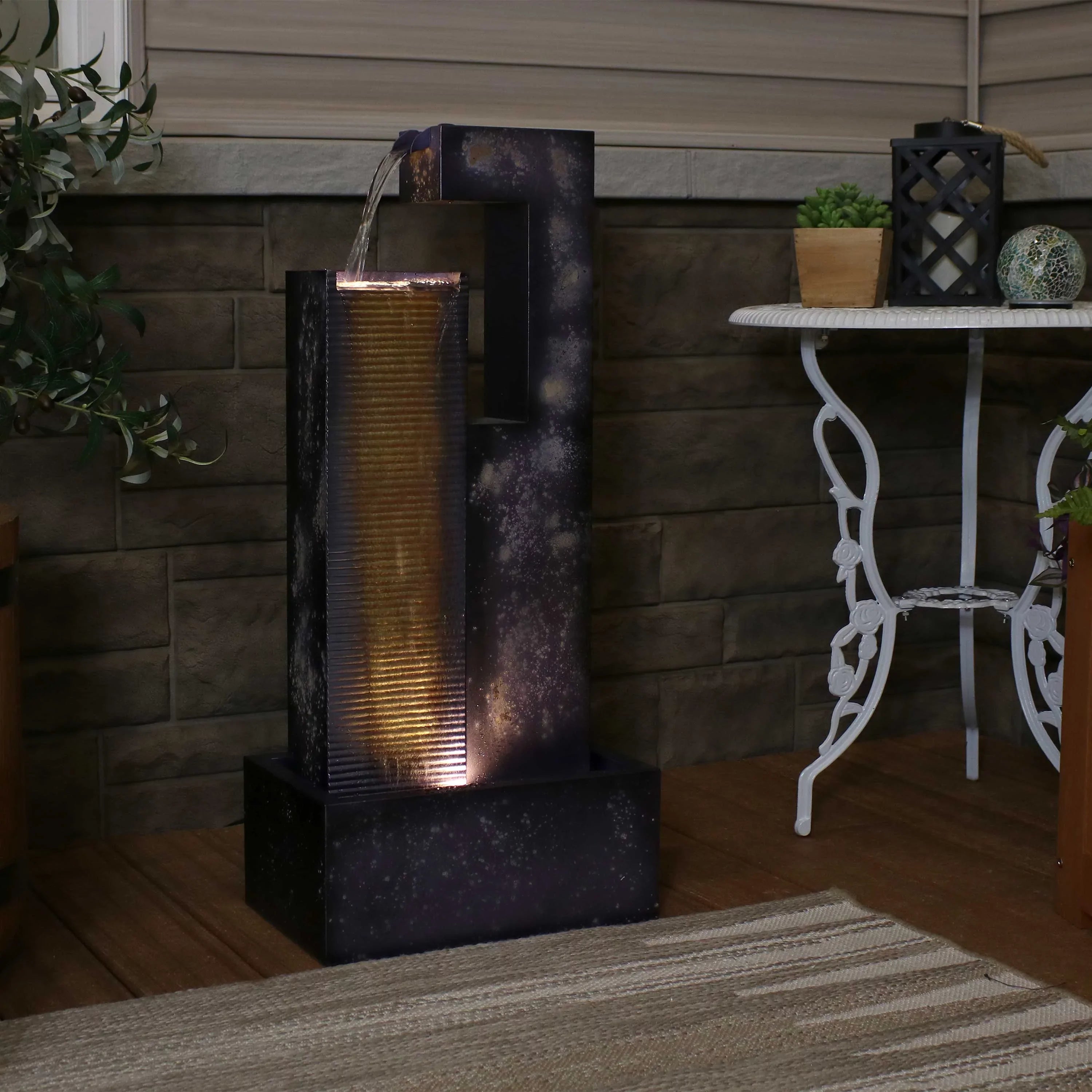 with exterior Metal Tower LED Lights Cascading - 32" Sunnydaze Fountain