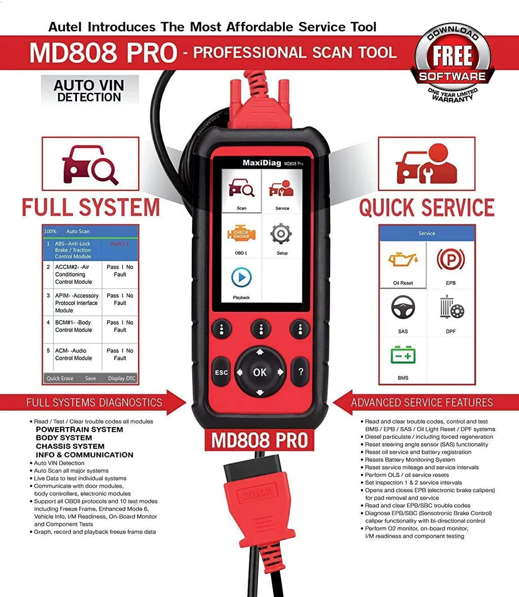 Scanner AL329 Battery Reset Extension EPB 7 Cable MD806 Reset MD802 DTC AL529 AL629 Pro AL609 MaxiDiag SAS Reader OBD2 Upgraded MD808 Code Features Read/Clear Special Oil With Autel BMS Codes Lookup