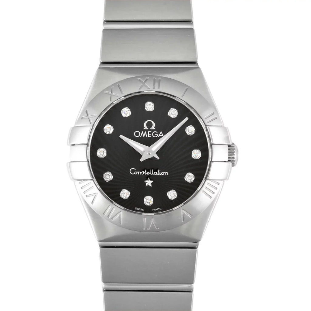 Dial (Good) 12P SS Quartz Pre-Owned Watch Omega Black Index OMEGA Women's Diamond 123.10.24.60.51.001 Constellation