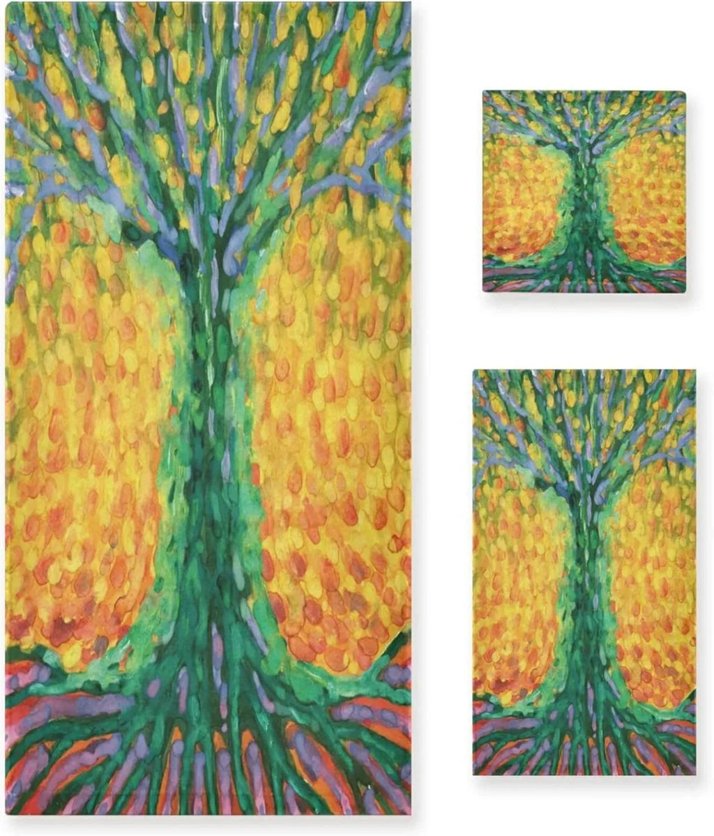 Bath Pack Quick 1 Bath Super Towel Washcloth) for Life Towel, Soft SKYSONIC Towel Set Bathroom, Cotton for Towel, Hand 1 Abstract Tree Towels (1 Dry and 3