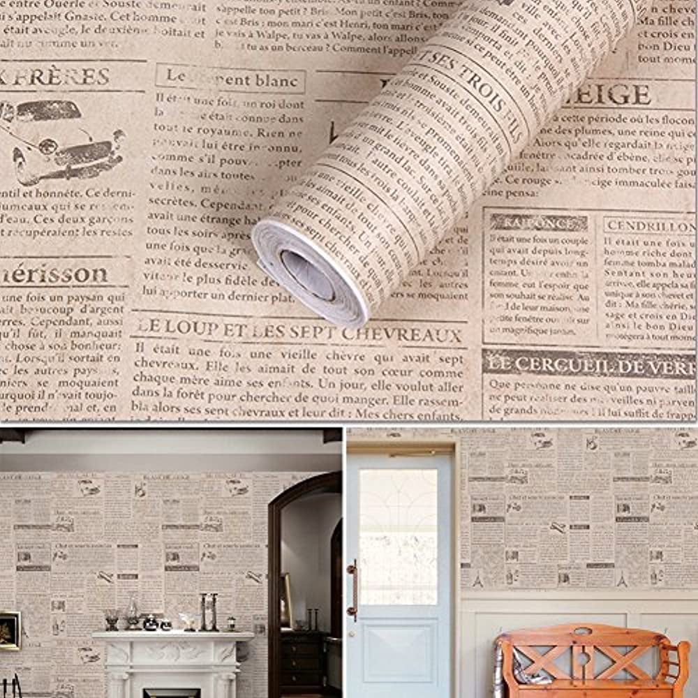 Feet Inch SimpleLife4U By Newspaper 9.8 Paper Contact Shelf Self-Adhesive Beige Retro Sticker 17.7 Countertop Liner