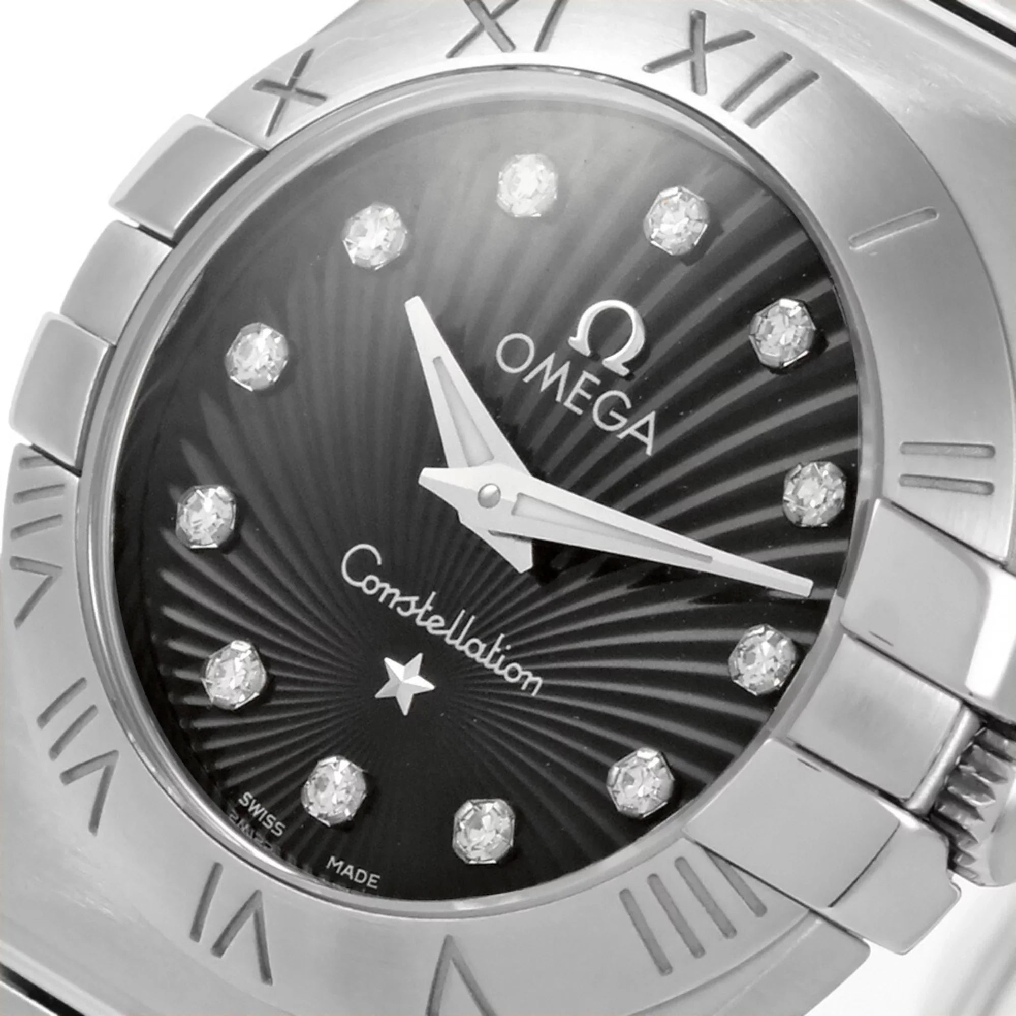 Dial (Good) 12P SS Quartz Pre-Owned Watch Omega Black Index OMEGA Women's Diamond 123.10.24.60.51.001 Constellation