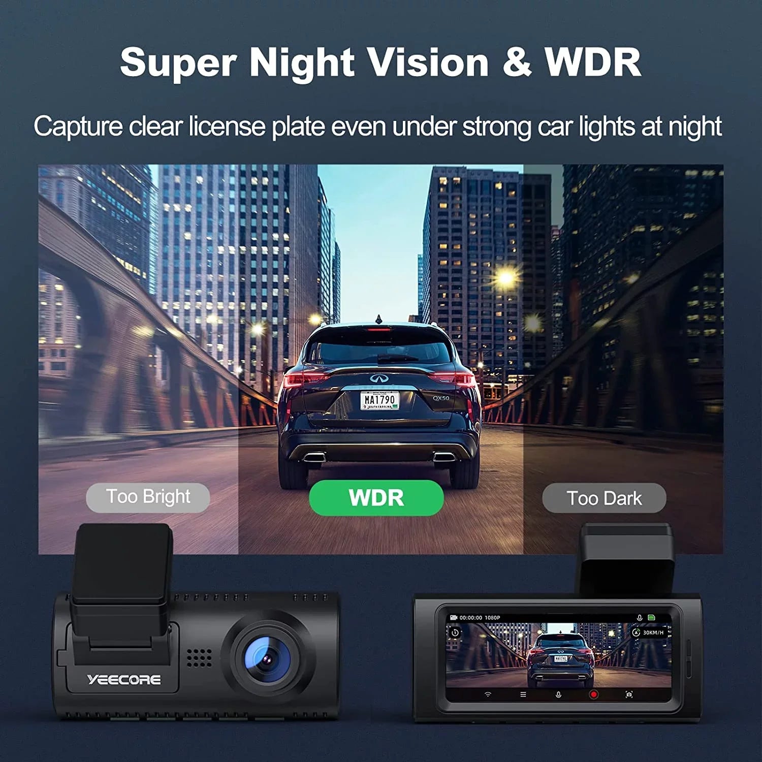 Built-in Record Dash Dash Vision, Dual Dash 2.5K+1080P Super Yeecore G-Sensor, and Portable Dam, Rear, App Magnetic Mount, WiFi Camera GPS, for D32 Mode, Night Front Cam Control, Parking Cars Accident
