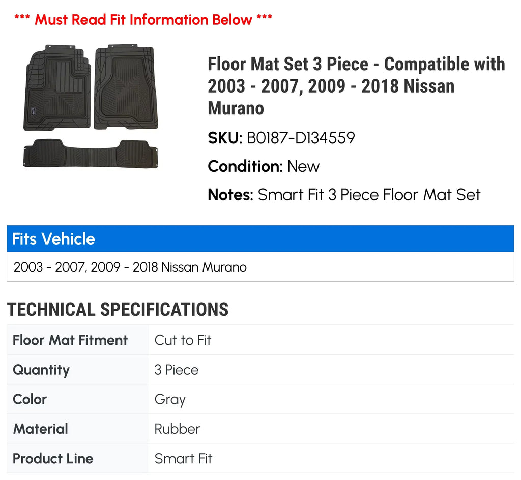 2004 2017 2007, Mat 2006 2016 Compatible 2009 Piece 2005 3 Murano with 2014 Set Nissan - 2003 2015 2013 2011 - 2010 - 2018 Floor 2012