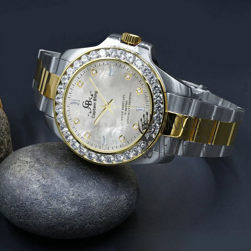 2 Steel Solid Mother Mens Simulated Dial Tone Diamonds Of Watch Finish Gold 18K Stainless Pearl