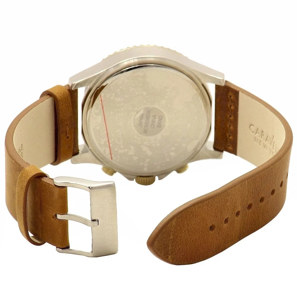 Brown 45A135 Dial Blue Men's Chronograph Leather Caravelle Watch Sport Strap