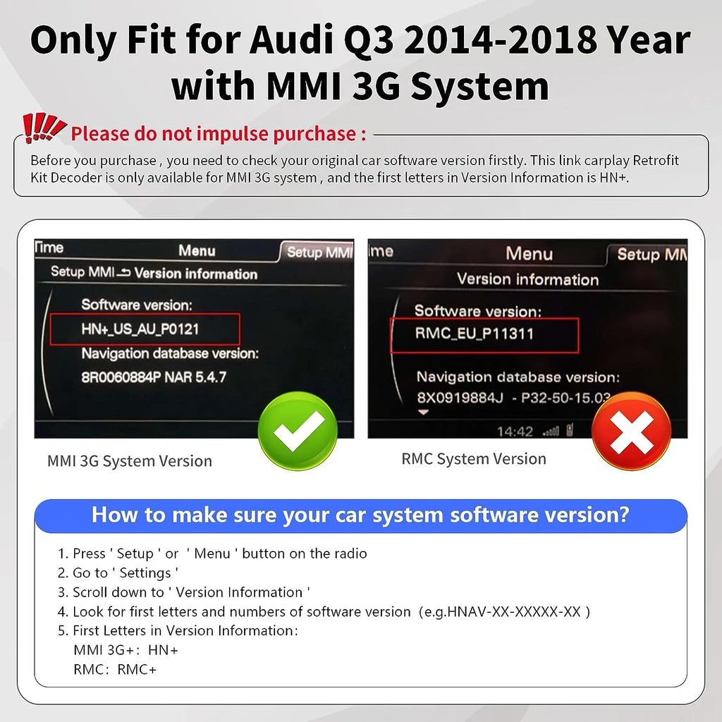 Retrofit Carplay Android Module Version), Camera 3G, Auto (HN+ Carplay 2014-2018 Car MMI Year Software Support Wireless for Road Top Kit Audi with Decoder, Mirrorlink, Q3