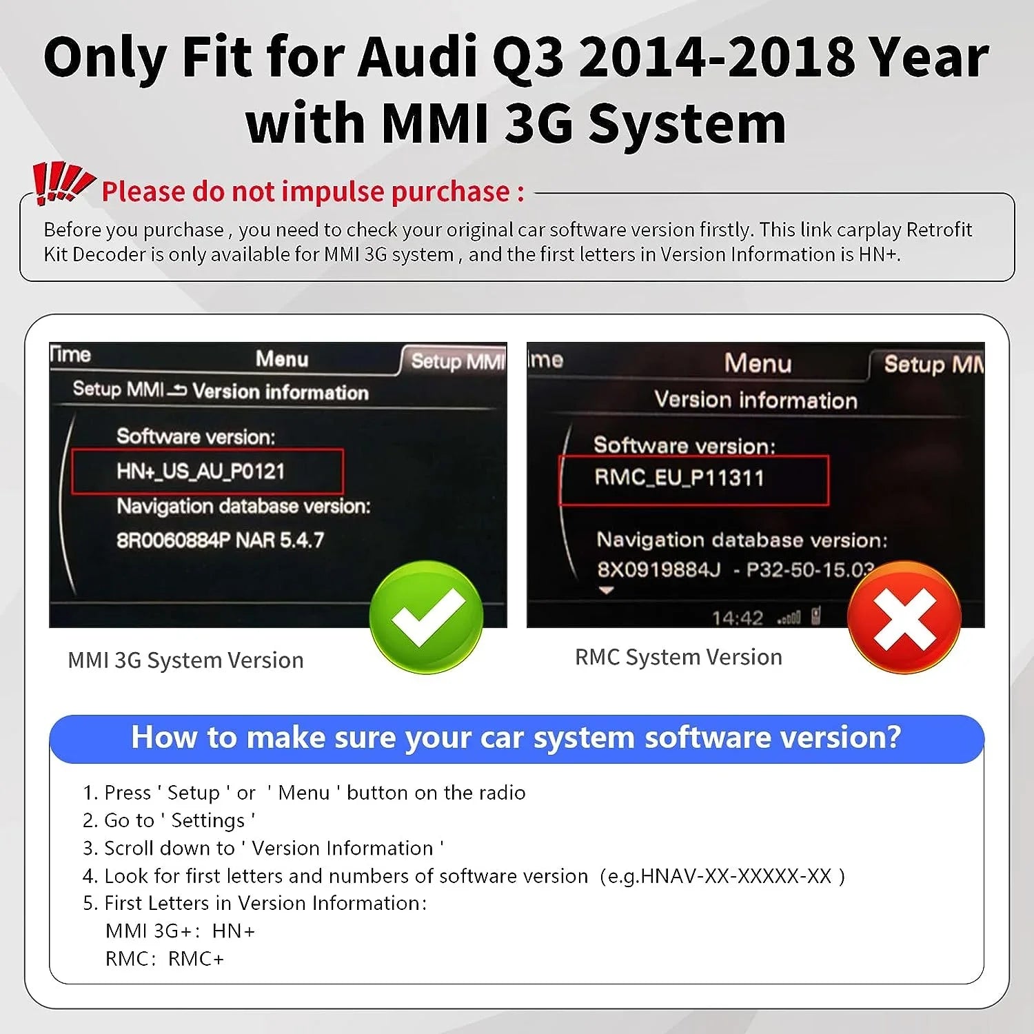 Retrofit Carplay Android Module Version), Camera 3G, Auto (HN+ Carplay 2014-2018 Car MMI Year Software Support Wireless for Road Top Kit Audi with Decoder, Mirrorlink, Q3