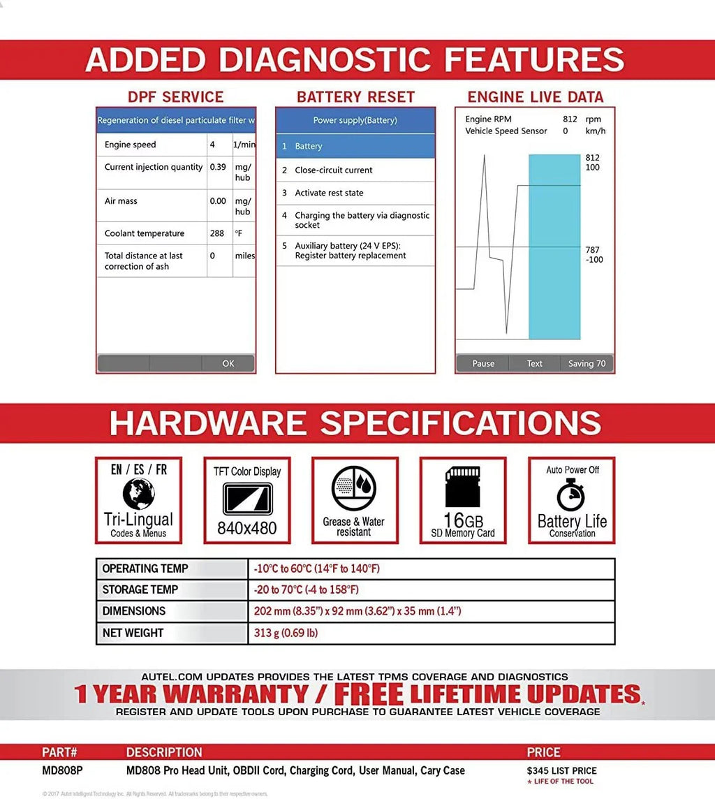 Scanner AL329 Battery Reset Extension EPB 7 Cable MD806 Reset MD802 DTC AL529 AL629 Pro AL609 MaxiDiag SAS Reader OBD2 Upgraded MD808 Code Features Read/Clear Special Oil With Autel BMS Codes Lookup