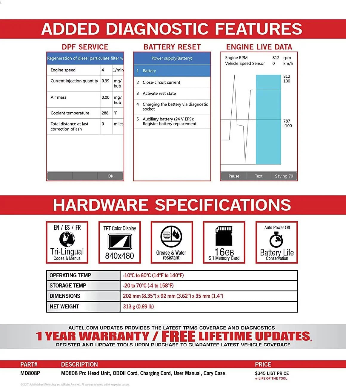 Scanner AL329 Battery Reset Extension EPB 7 Cable MD806 Reset MD802 DTC AL529 AL629 Pro AL609 MaxiDiag SAS Reader OBD2 Upgraded MD808 Code Features Read/Clear Special Oil With Autel BMS Codes Lookup