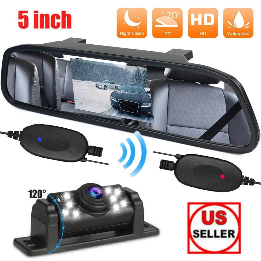 Monitor + Mirror Camera Vision Rear Backup Car Wireless System 5" Night HD View
