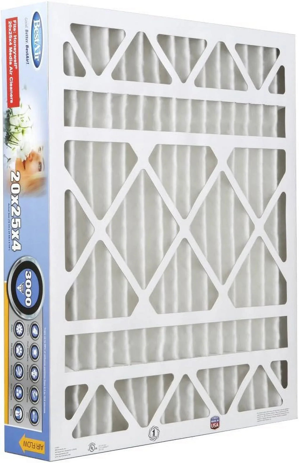 Air For 20" Honeywell BestAir MERV x HW2025-13R 3 Fits Removes 13, AC Furnace 100%, of Filter, Models, 25" Pack Allergens x 4", Contaminants, &