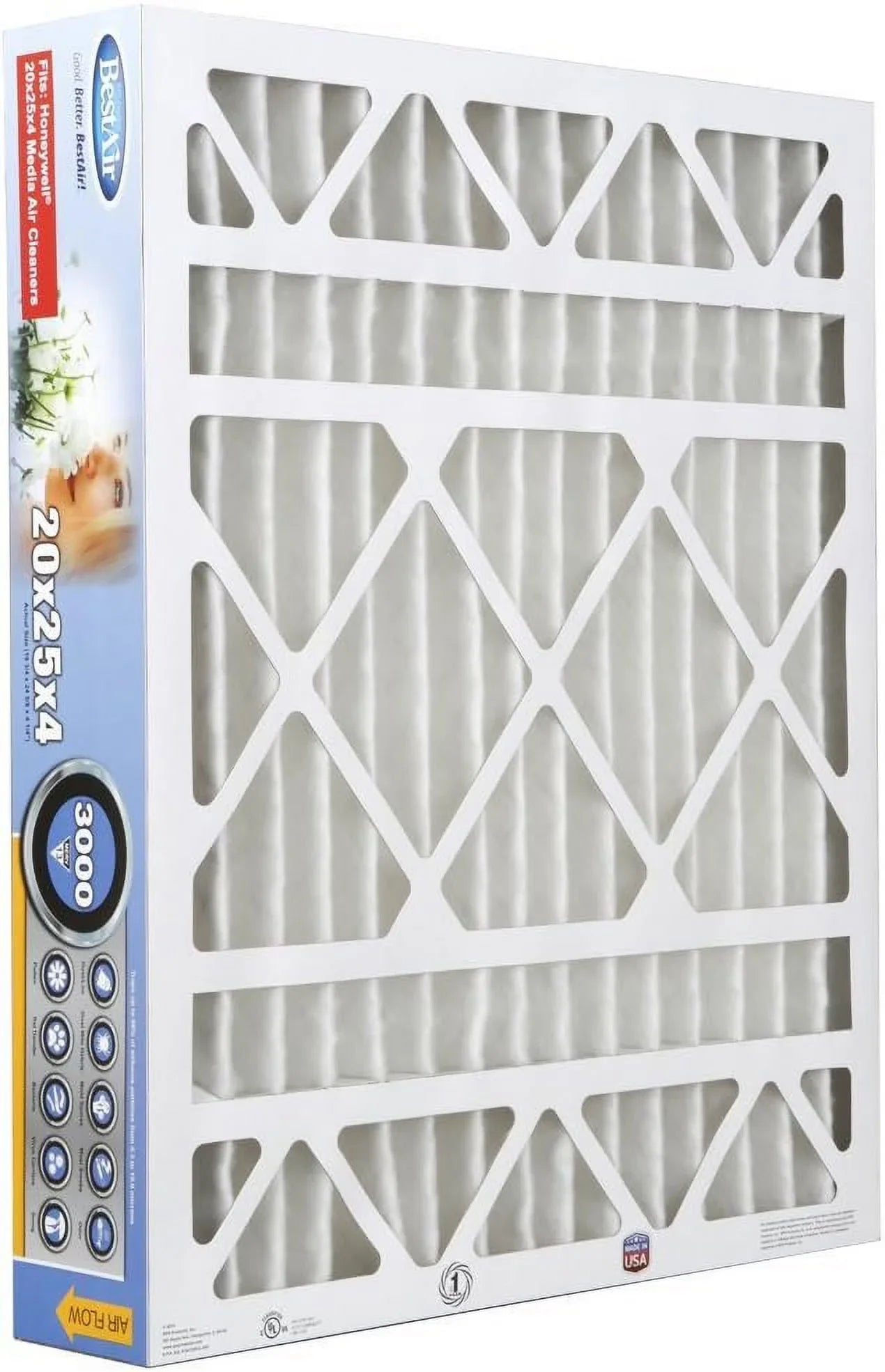 Air For 20" Honeywell BestAir MERV x HW2025-13R 3 Fits Removes 13, AC Furnace 100%, of Filter, Models, 25" Pack Allergens x 4", Contaminants, &