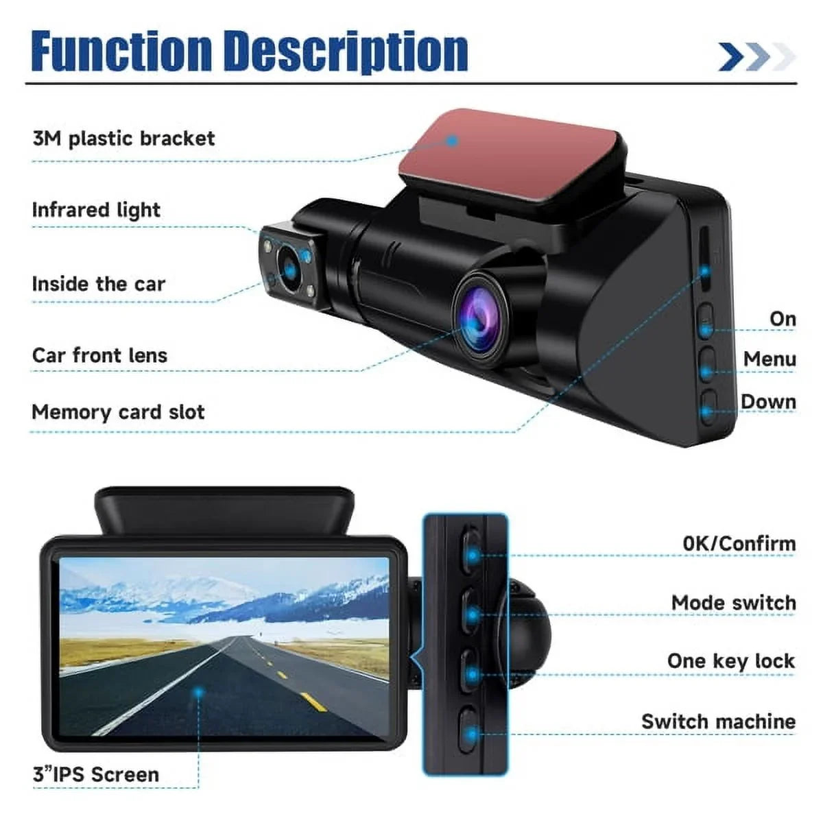 Front Vision Rear Cam Angle and Dash Night SYTHERS 170° Loop Dash Wide Camera Recording 1080P