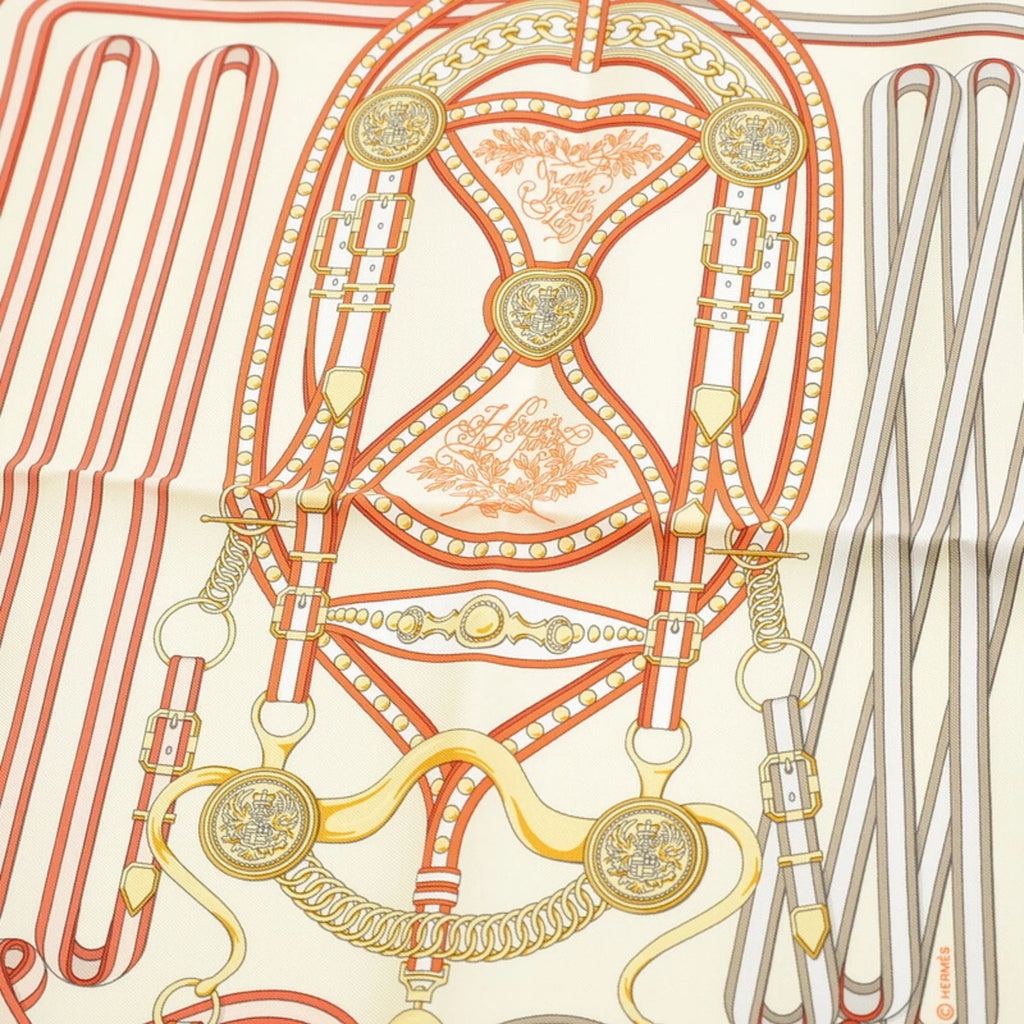 Orange White Hermes Carre 45 (Like New) Scarf Tralala Gavroche Grand Pre-Owned Cream